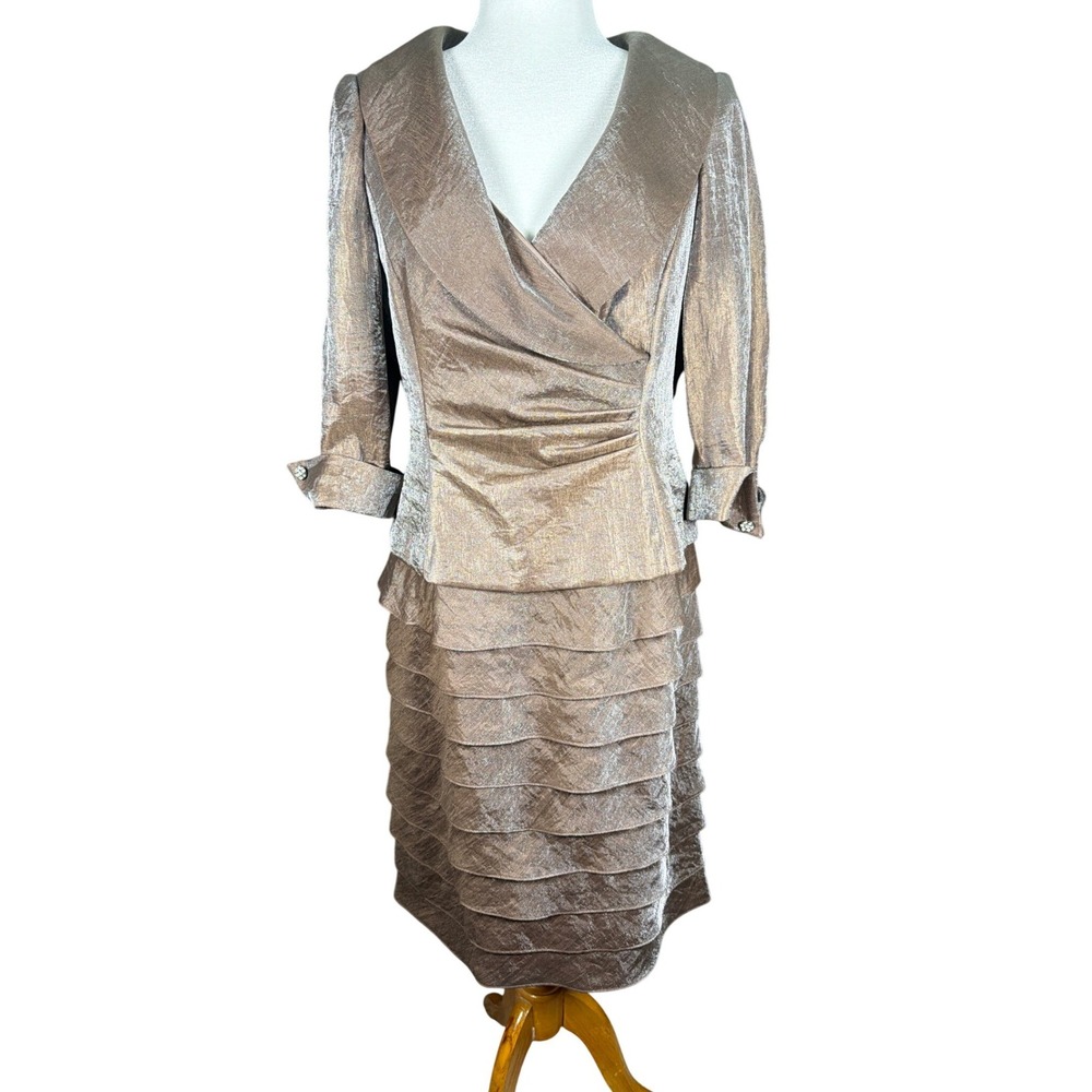 Jessica Howard Womens 12P Champagne Bronze Shimmer Tiered Ruffle Evening Dress